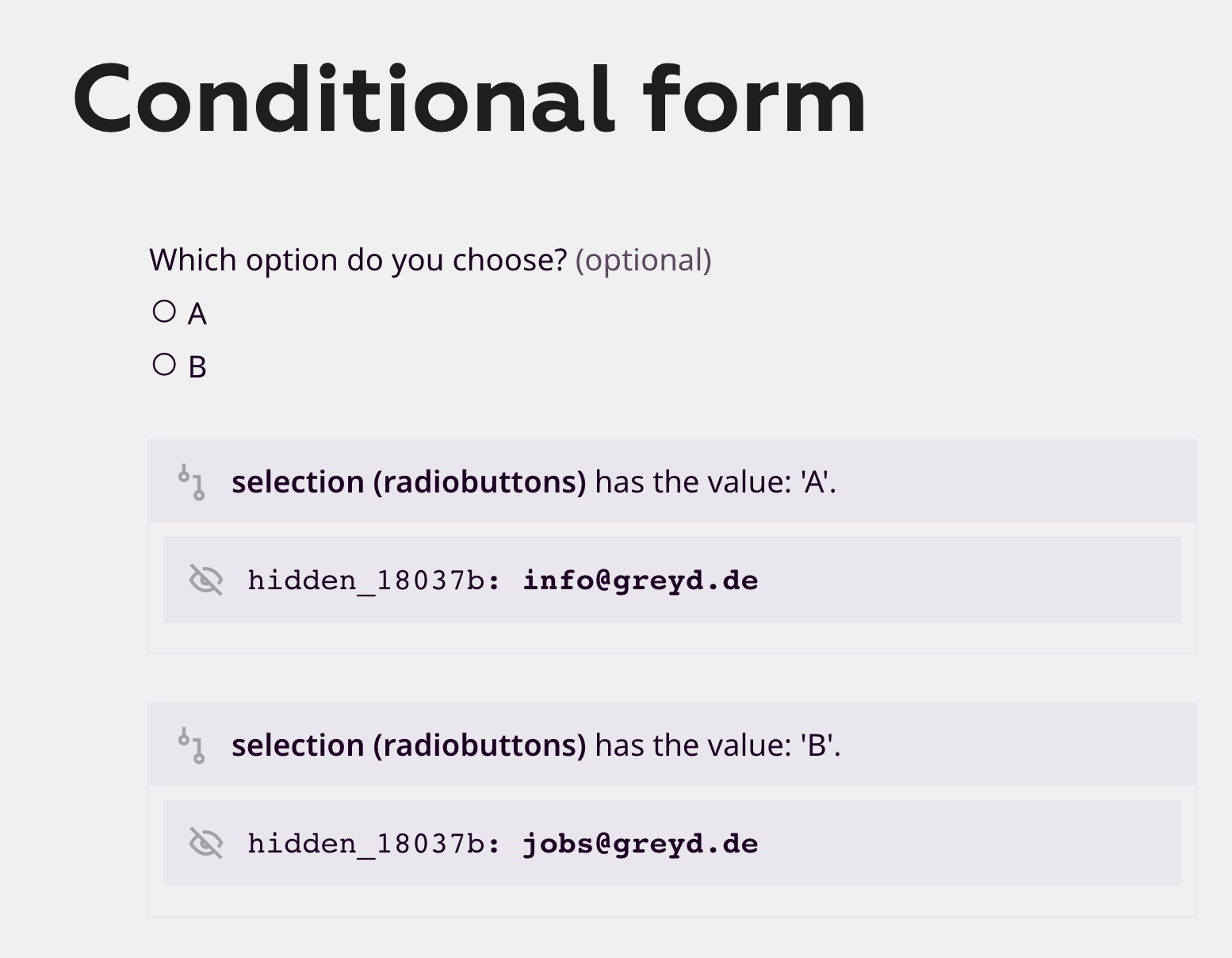 Screenshot of an example form with conditions and hidden fields