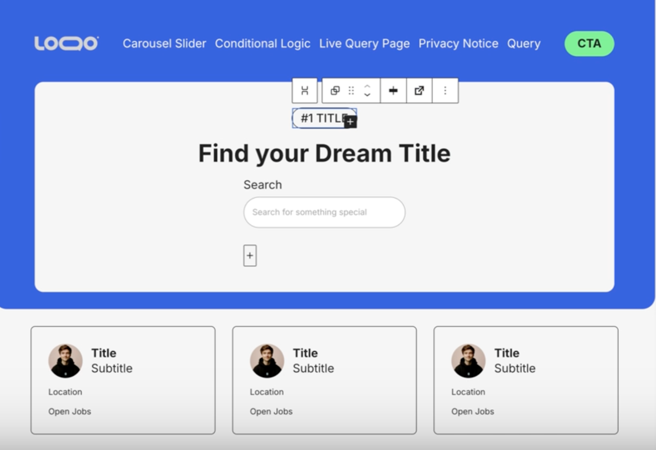 Website with a search field in the header and the results slider below in a separate section