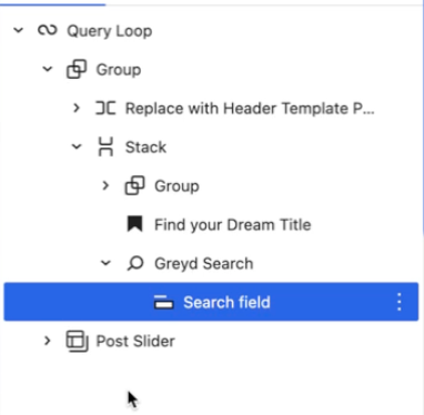 List view of the section with the query loop containing a group and the post slider