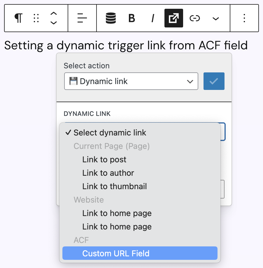 Screenshot of adding a dynamic link in a paragraph, with the option list opened, explained in the previous and following paragraph.