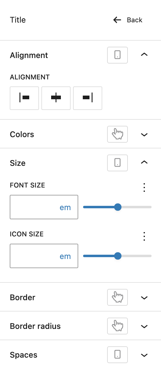 Screenshot of the Title section of the Styles tab, explained in the following paragraphs.