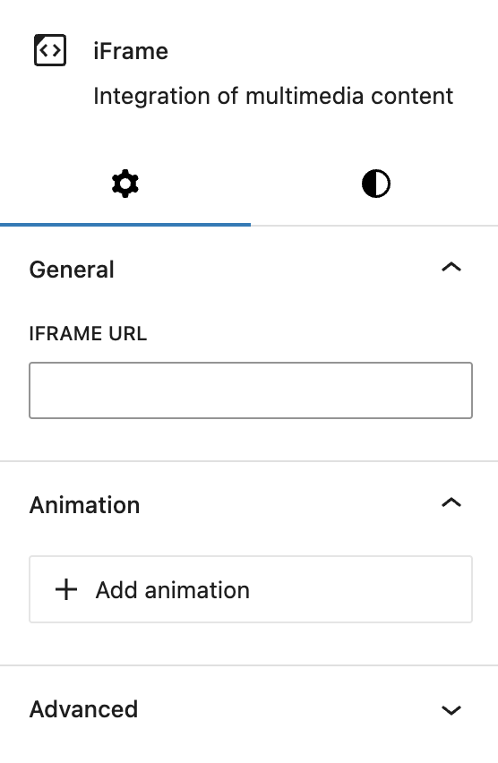 Screenshot of the iFrame settings tab, explained in the following paragraphs.