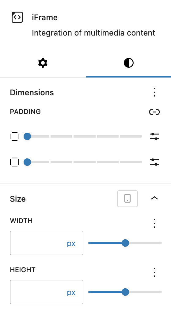 Screenshot of the iFrame styles tab, explained in the following paragraphs.