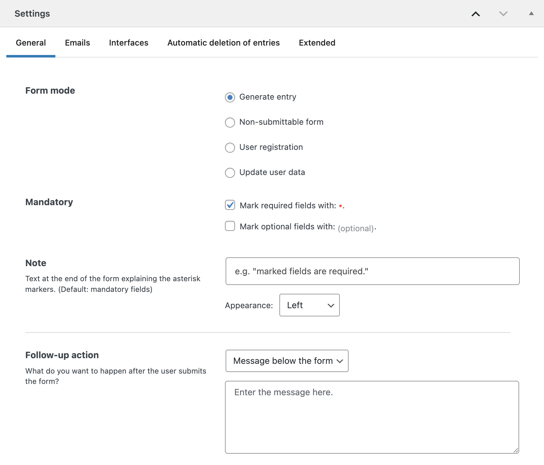 Screenshot of the General tab in the Settings, explained in the following paragraphs.