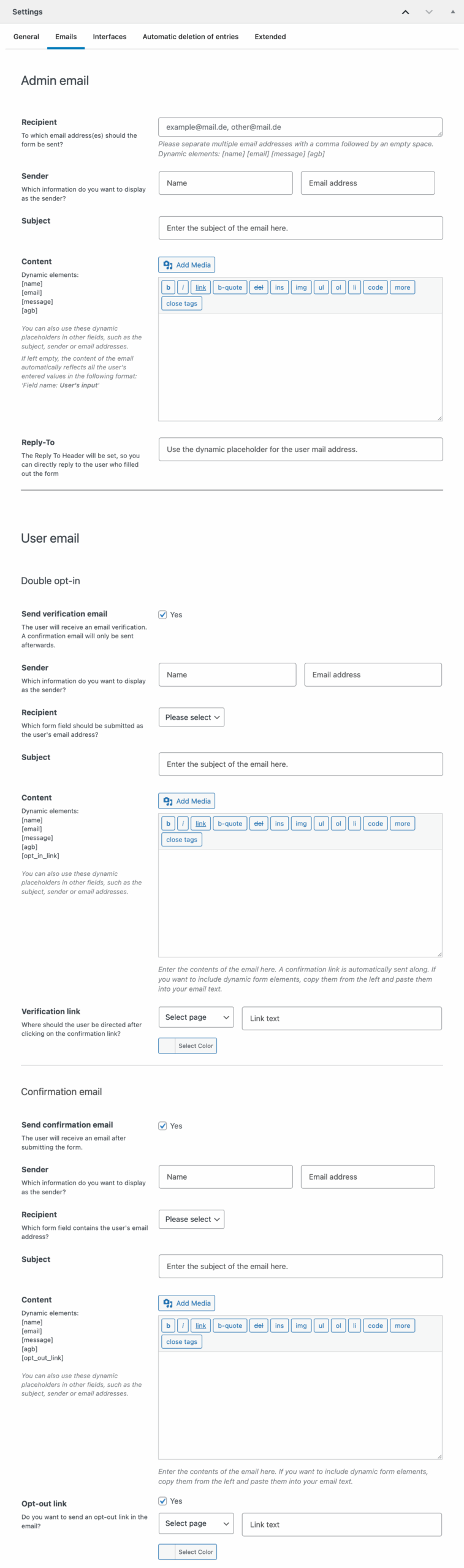 Screenshot of the Emails tab in the Settings, explained in the following paragraphs.