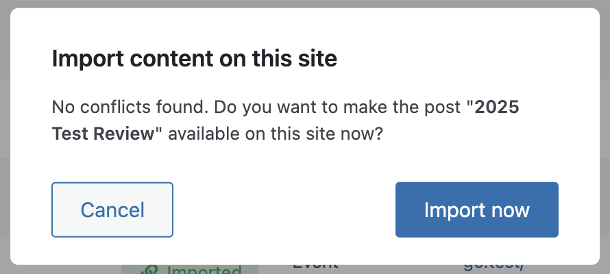 Screenshot of the import confirmation pop-up if no conflicts are found, explained in the paragraphs above and below.