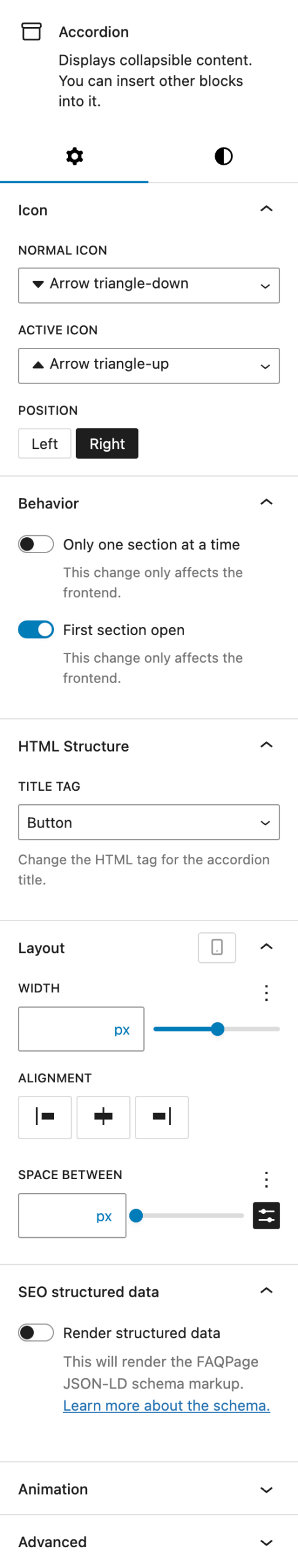 Screenshot of the Settings tab for the Accordion block, explained in the following paragraphs.