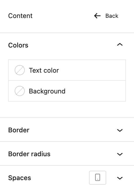 Screenshot of the Content section of the Styles tab, explained in the following paragraphs.