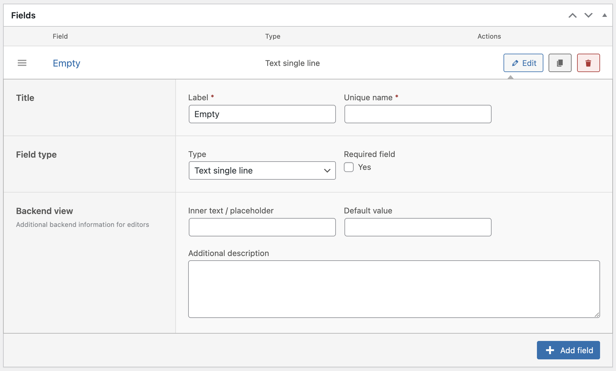 Screenshot of new field editing options, explained in the following paragraphs.