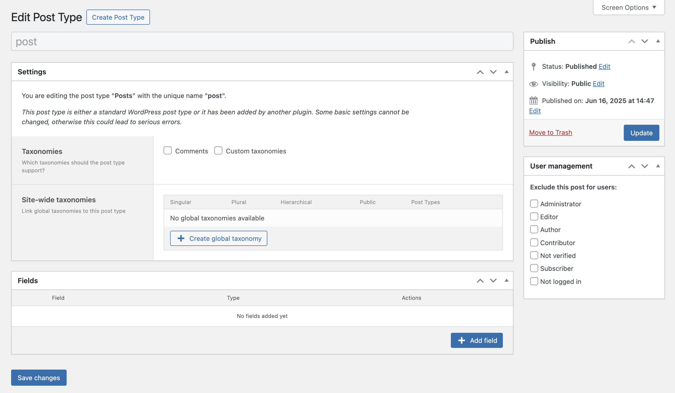 Screenshot of the Post Type editing screen with a Core Post Type selected, explained in the paragraphs below.