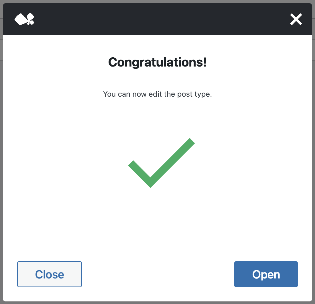 Screenshot of the Post Type creation success confirmation dialog.
