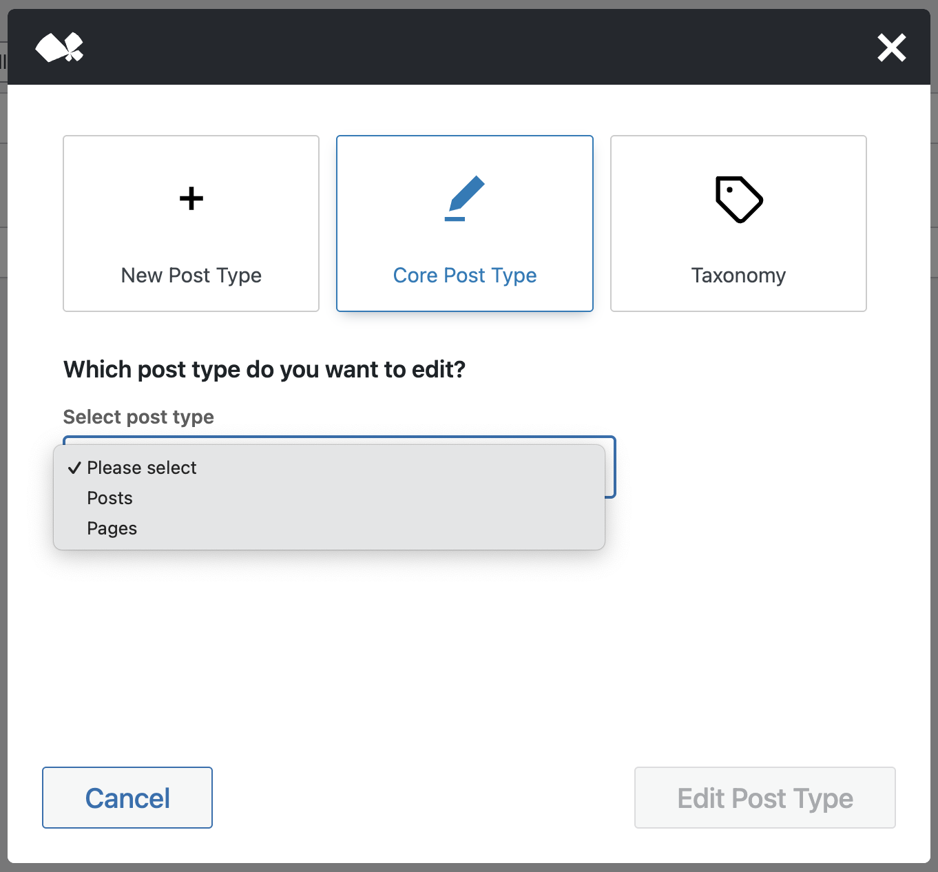 Screenshot of the Create Post Type modal, the Core Post Type option has been selected.