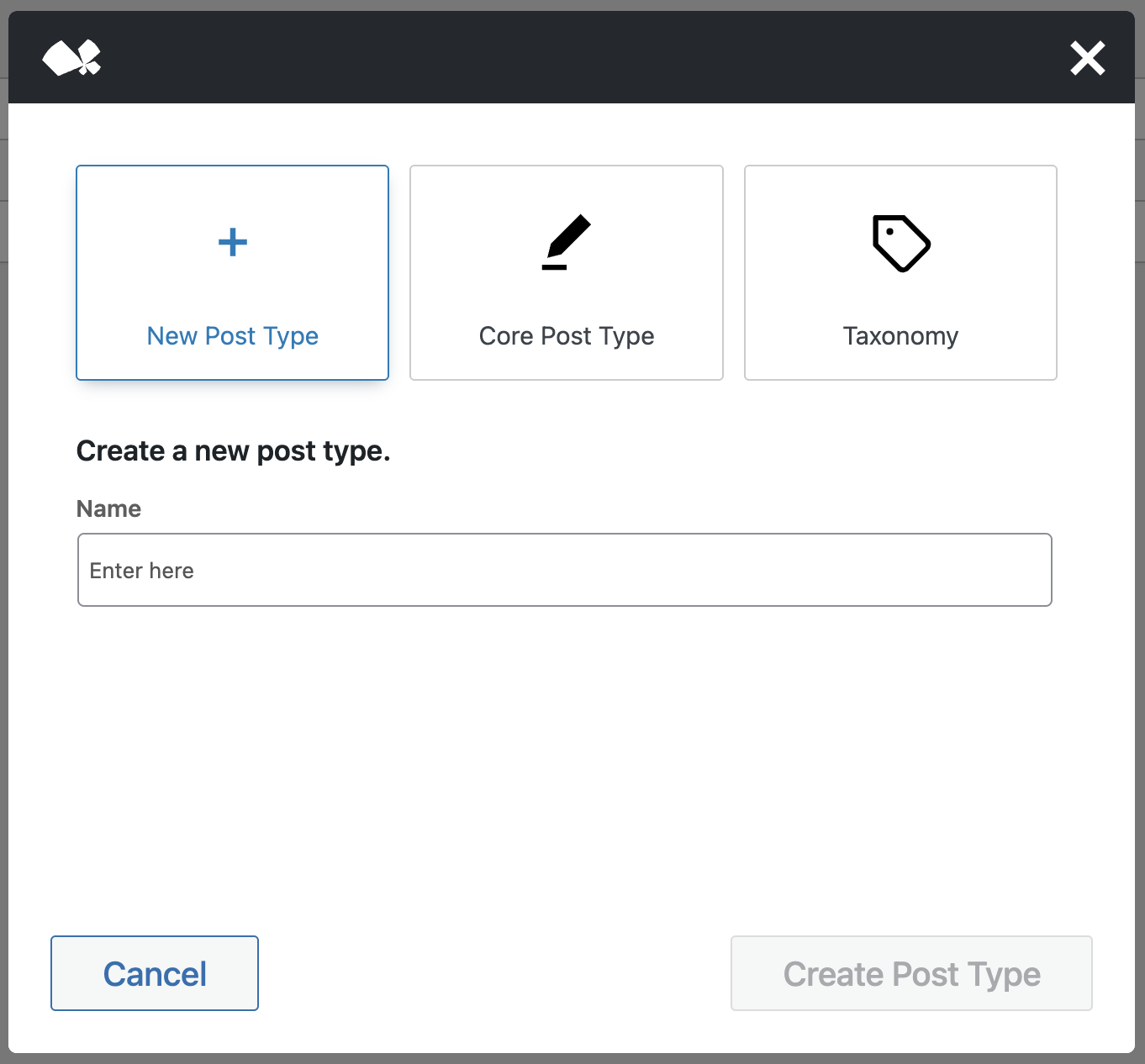 Screenshot of the Post Type Creation Modal, explained in the following paragraphs.