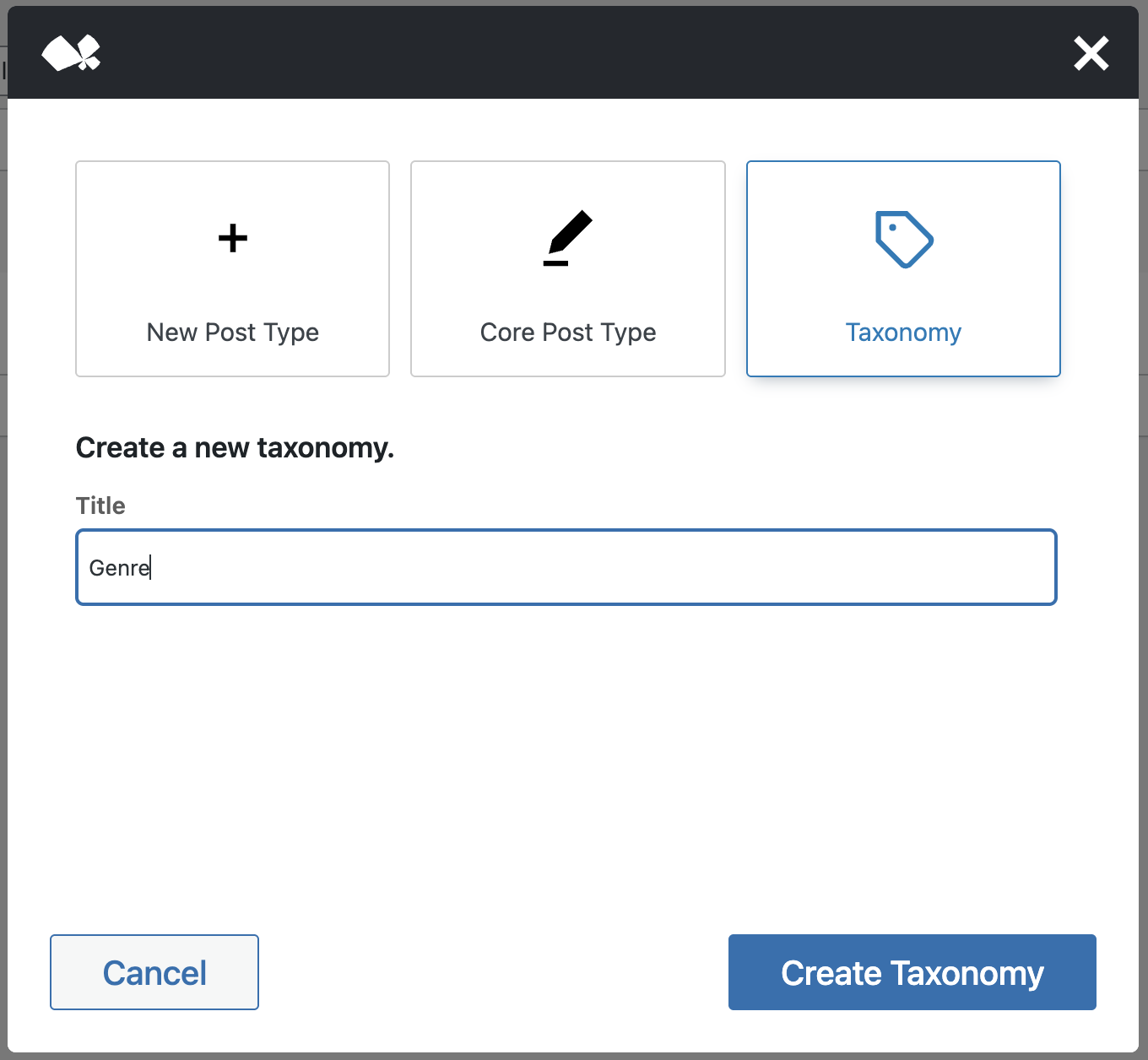 Screenshot of the Taxonomy selection in Create Post Type Modal.