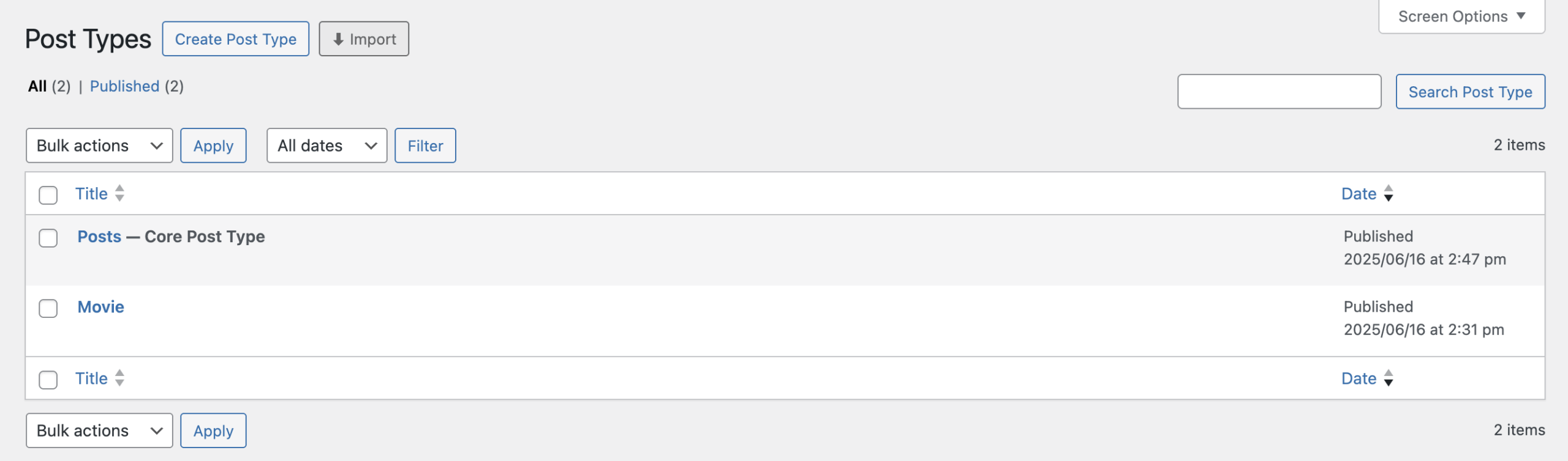 Screenshot of the Post Types overview page with Core Post Type marked by suffix.