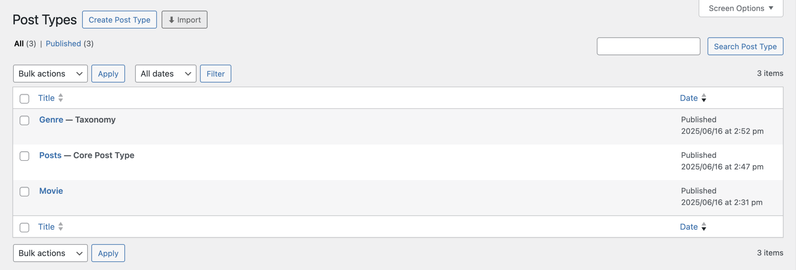 Screenshot of the Post Types overview page with Taxonomy marked by suffix.