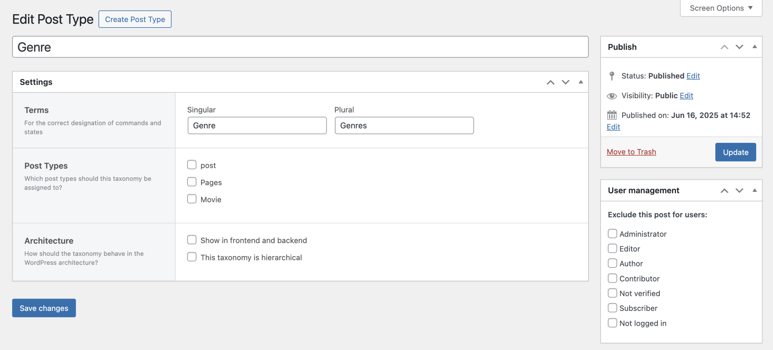 Screenshot of the Post Type editing screen with a Taxonomy selected, explained in the following paragraphs.