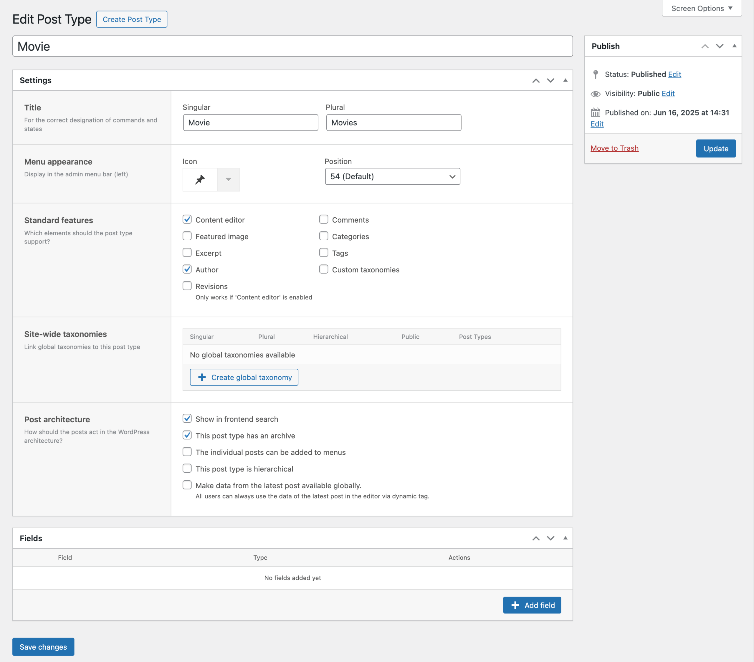 Screenshot of the Post Type editing screen, explained in the paragraphs below.