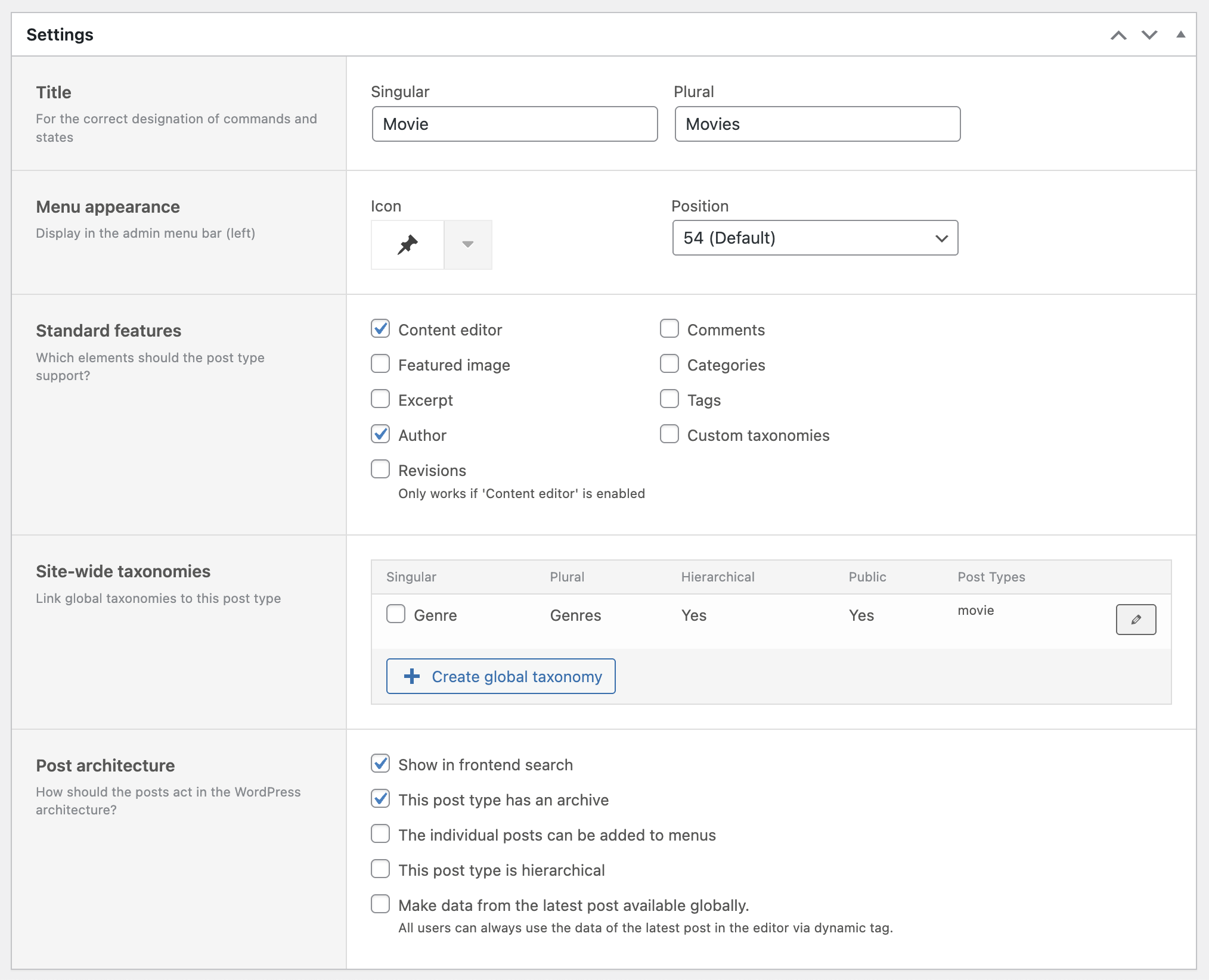 Screenshot of Post Type Settings, explained in the following paragraphs.