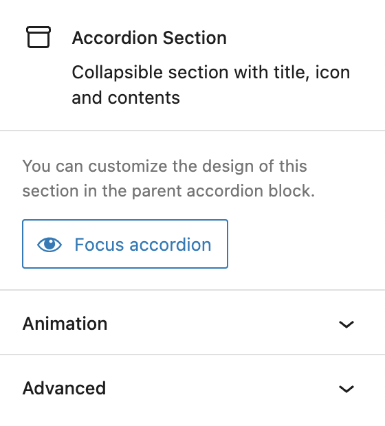 Screenshot of the Accordion Seciton settings, explained in the following paragraphs.