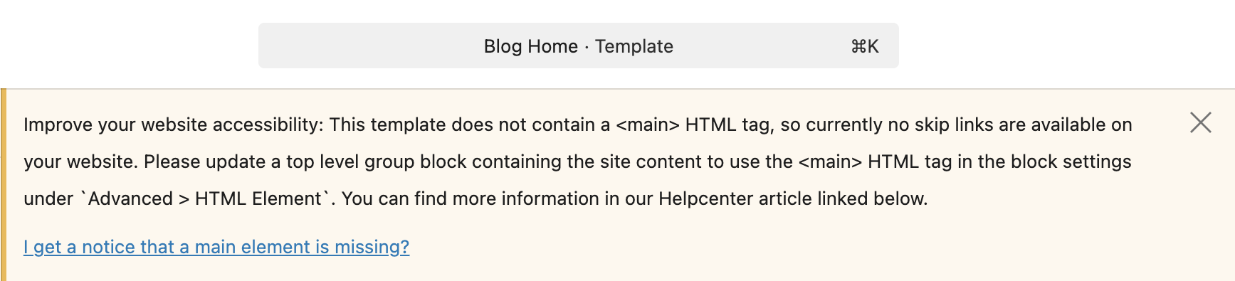 Screenshot of the Main HTML tag warning, explained in following paragraph.