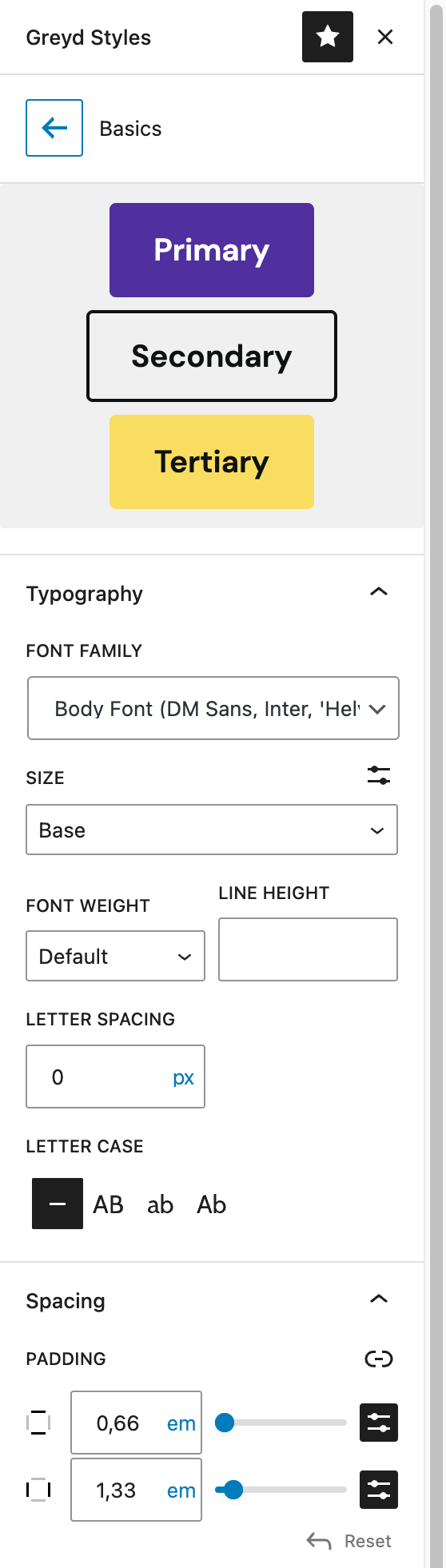 Screenshot of the Basics area in Buttons section, explained in the following paragraphs.