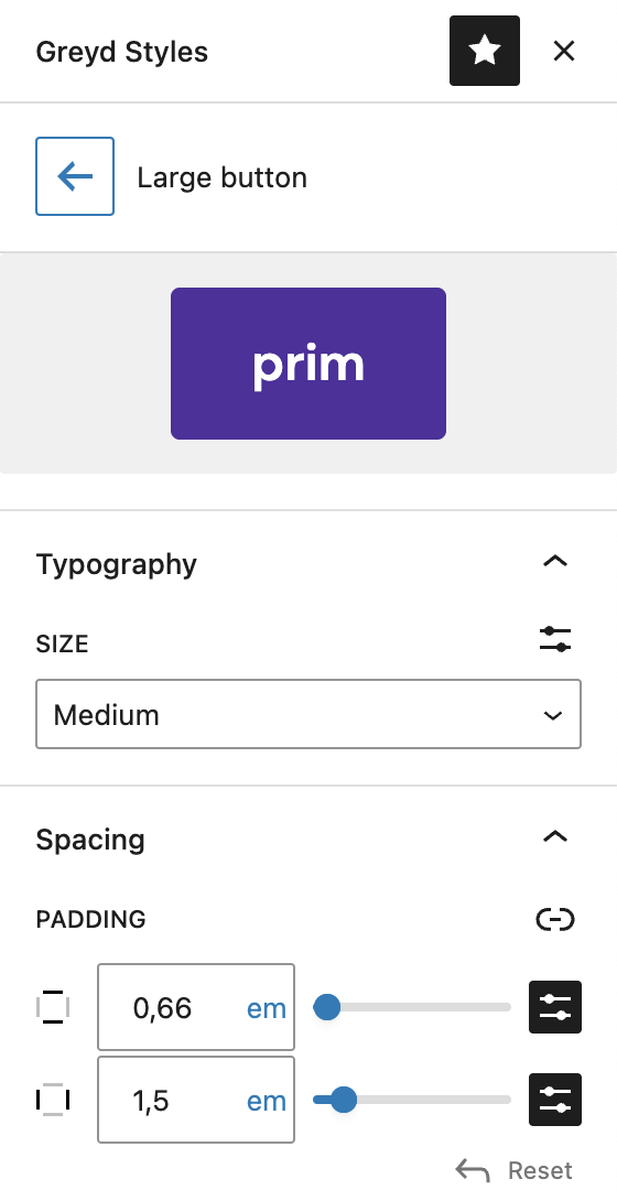 Screenshot of the Preset Button size customization with Large button as example, explained in the following paragraphs.