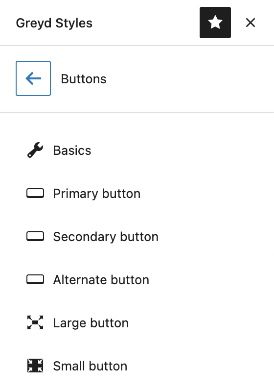 Screenshot of the buttons section of global styles editor. The individual sections will be explained in the following section.