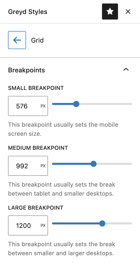 Screenshot of the Breakpoints settings in Grid Section, explained in the following paragraph.