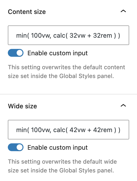 Screenshot of the Content size, explained in following paragraph.