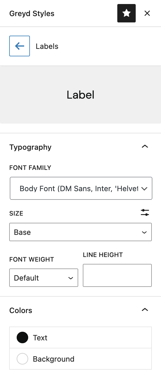 Screenshot of the label section for global typography and color options, explained in the following paragraph.