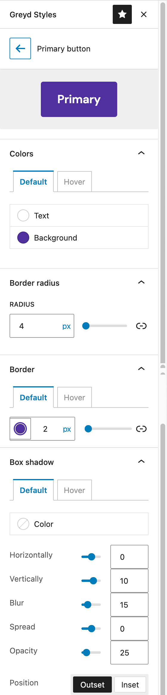 Screenshot of the Predefined Styles with Primary button as example, explained in the following paragraphs.