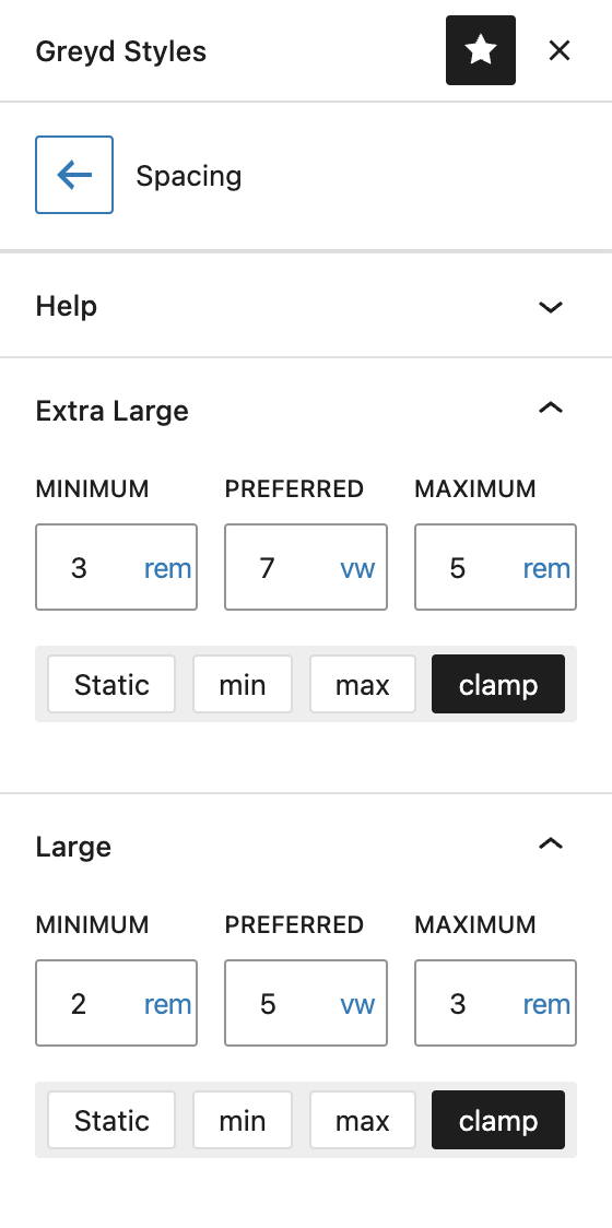 Screenshot of the Spacing section in global styles, explained in the following paragraphs.