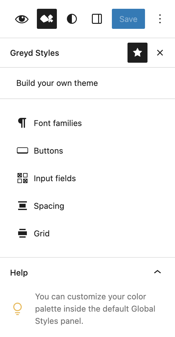 Screenshot of Greyd Global Styles panel in Site Editor. The individual sections will be explained in this article.