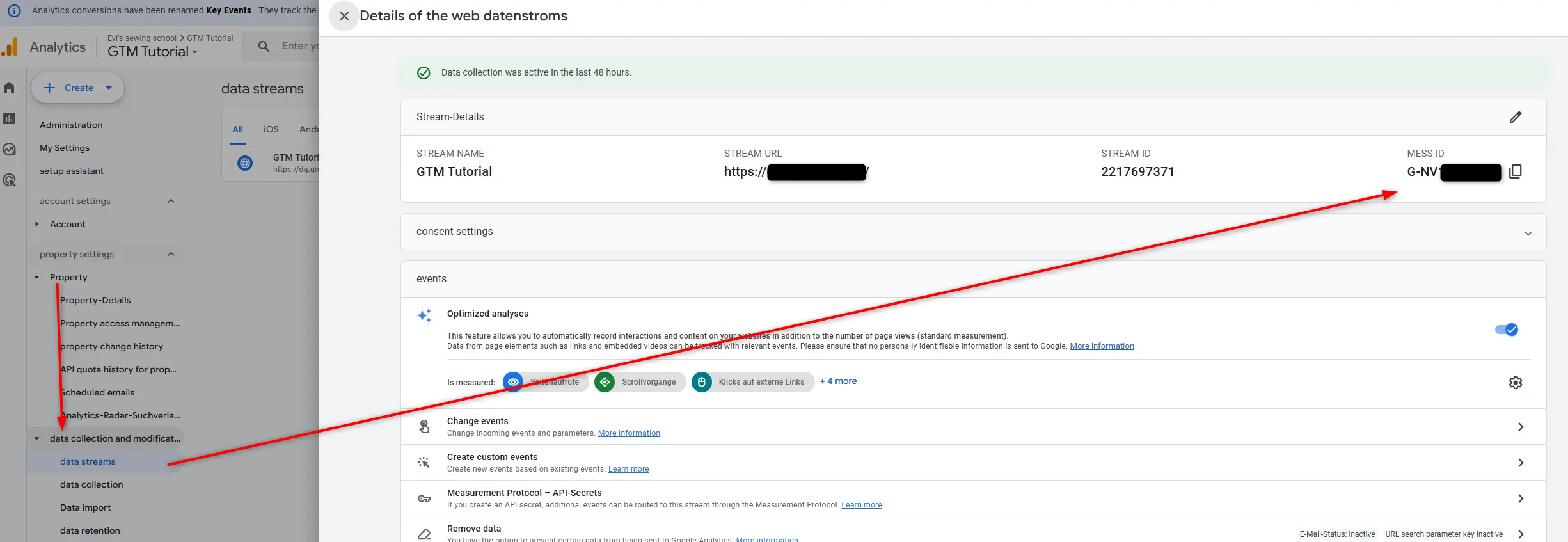 Screenshot of GTM data streems dashboard