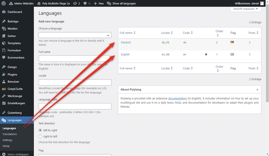 Backens screenshot Polylang language set-up