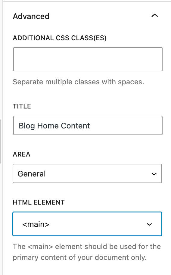 Backend screenshot of the advanced block settings including HTML element