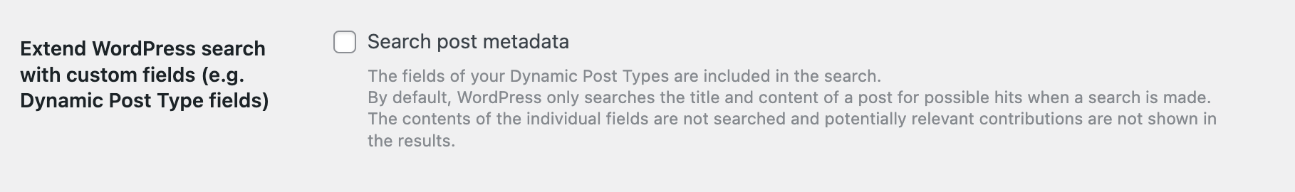 Backend screenshot of the Advanced Search options in Greyd.Suite to include post meta data