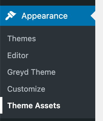 Screenshot of the Appearance section in the WordPress backend, with the Theme Assets menu item highlighted