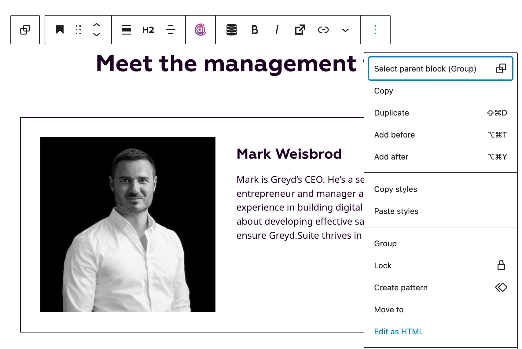 Screenshot of the backend of the Greyd website showing how to access the HTML editor