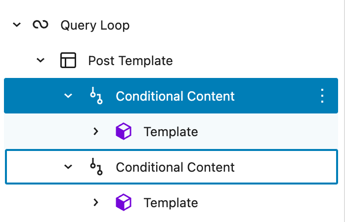 List view of the editor with a Query Loop, inside a Post Template and inside the Post Template, there are two Conditional Content sections with a template each.