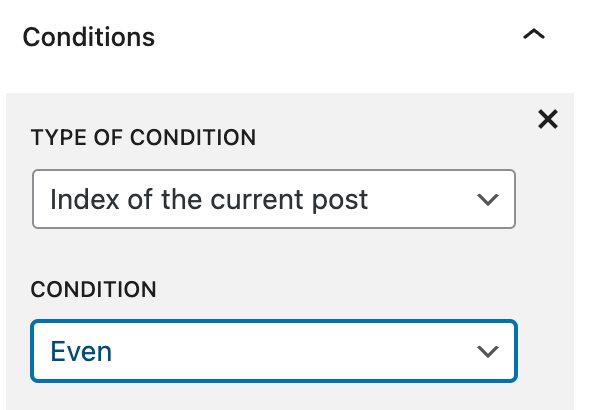 Screenshot of the condition set to Index of the current post with the condition set to Even.