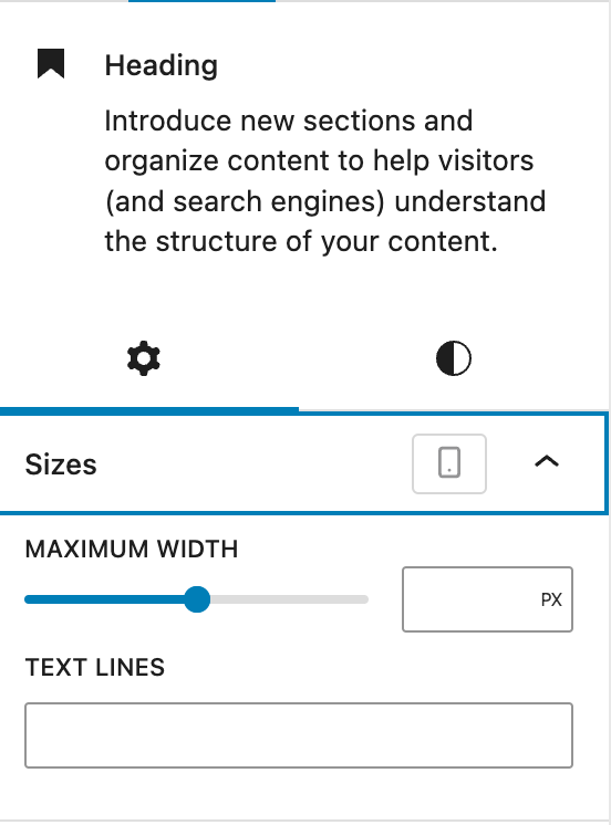 Backend screenshot showing the "text lines" options in the paragraph & heading block