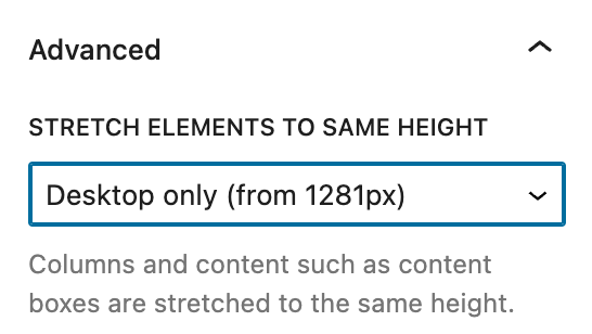 Backend screenshot of the columns block showing the "stretch to same height" option