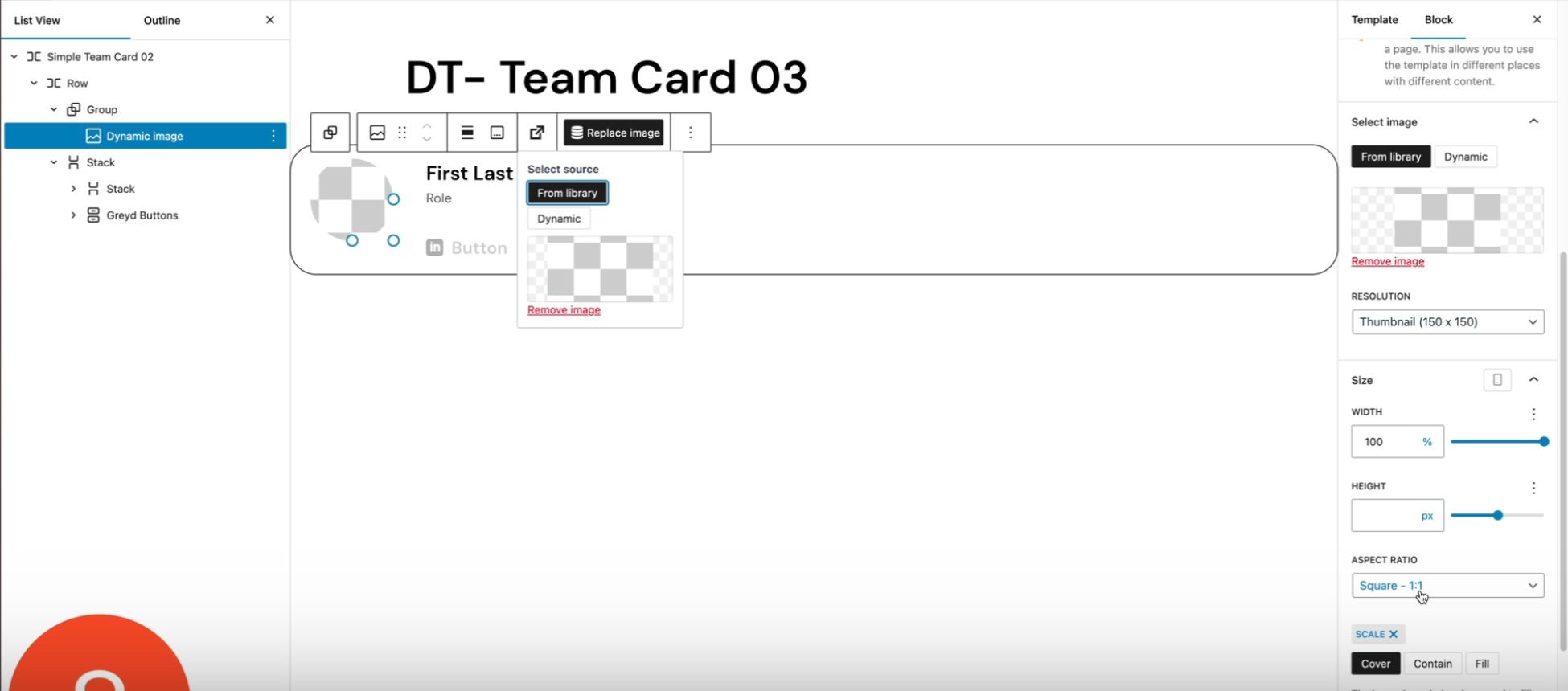 Screenshot of changing the aspect ration in the dynamic image block.
