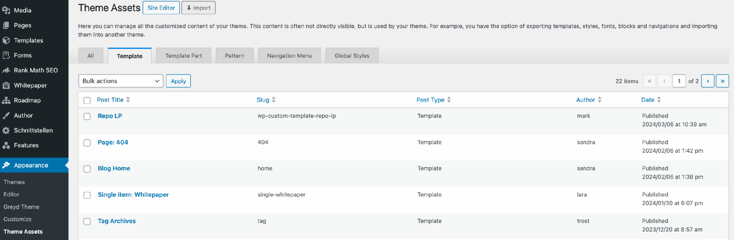 Backend screenshot of the theme assets dashboard