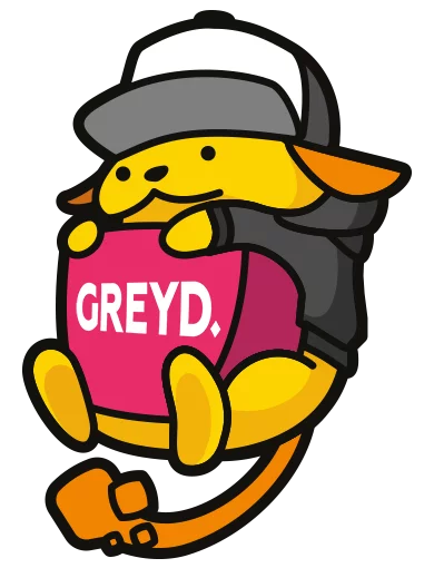 Greyd Wapuu in a black hoodie with a grey and white cap, holding a purple block with "Greyd" written on it. The end of the tail below the Wapuu body has the same shape as the Greyd logo.