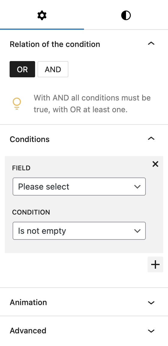Screenshot of the Settings tab of Conditional fields block, explained in the following paragraphs.