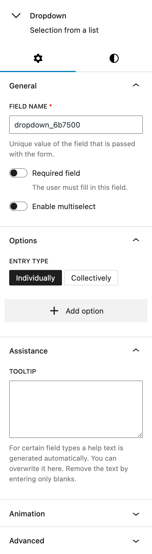 Screenshot of the Settings tab of Dropdown block, explained in the following paragraphs.