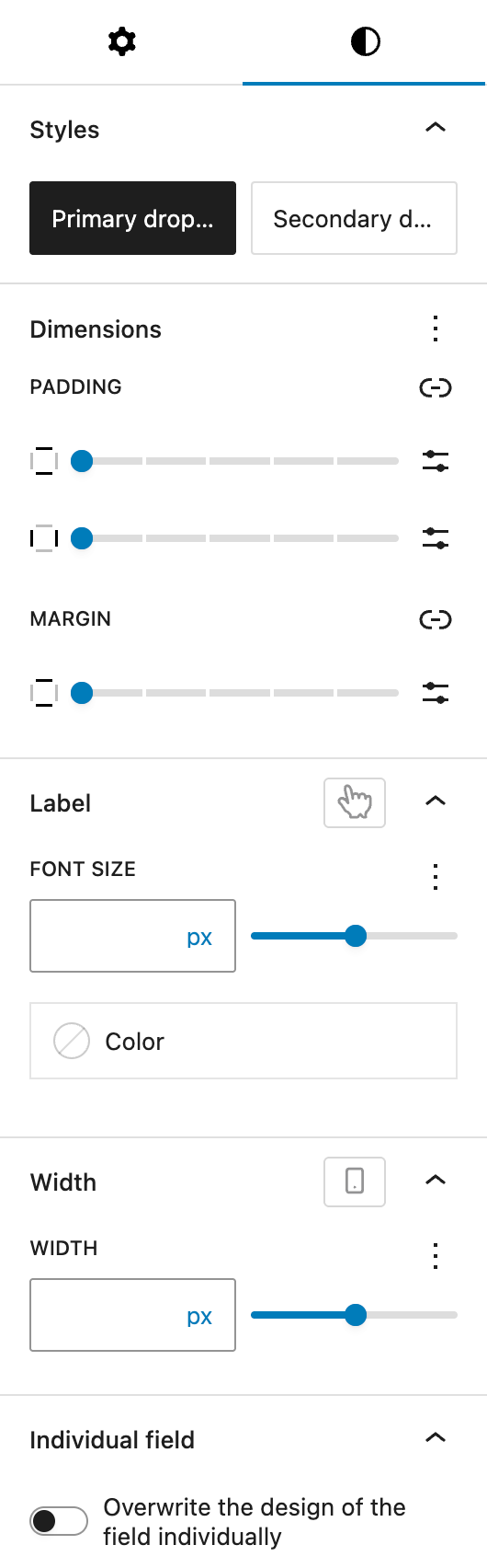 Screenshot of the Styles tab of Dropdown block, explained in the following paragraphs.
